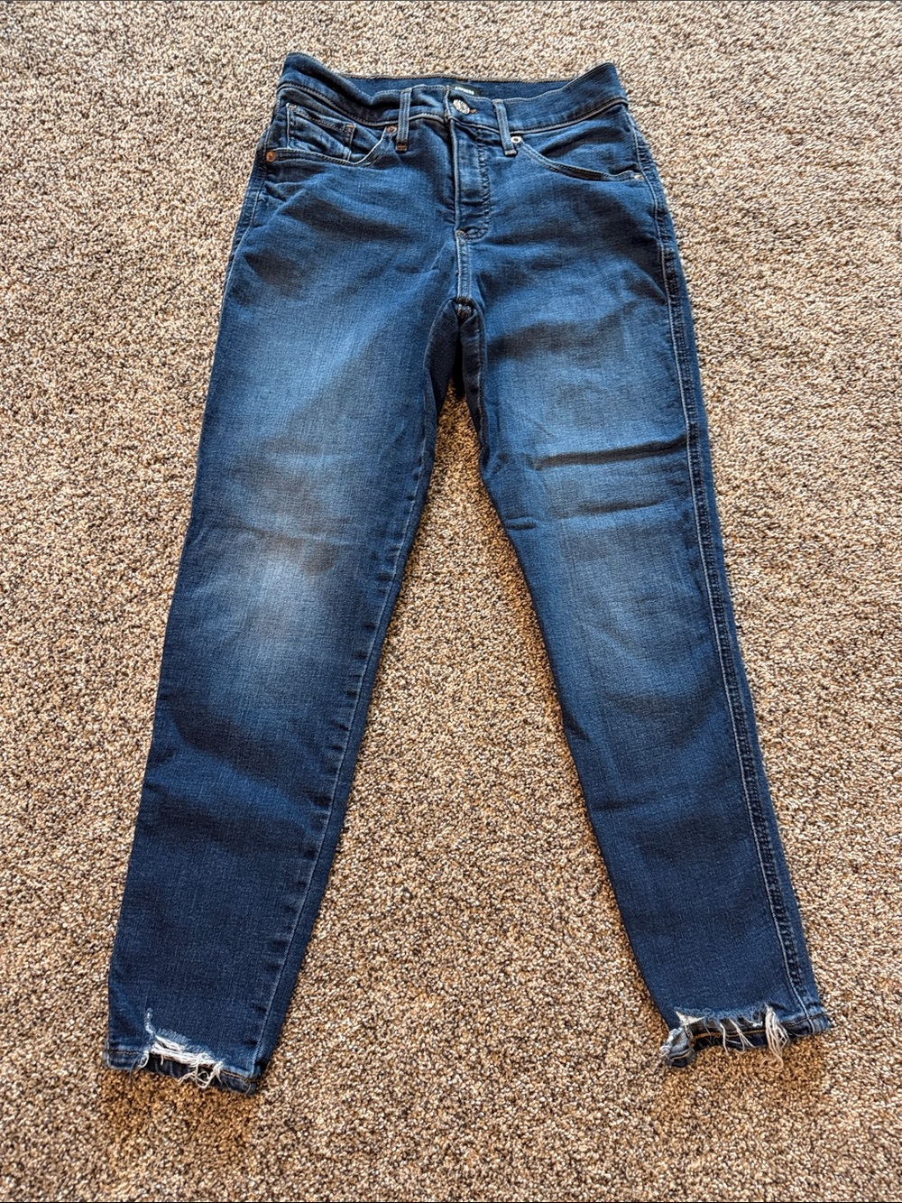 Express Women’s Skinny Mid Rise Dark Blue Frayed Hem Jeans